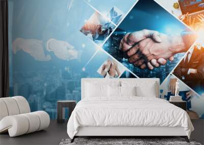 Teamwork and human resources HR management technology concept in corporate business with people group networking to support partnership, trust, teamwork and unity of coworkers in office kudos Wall mural