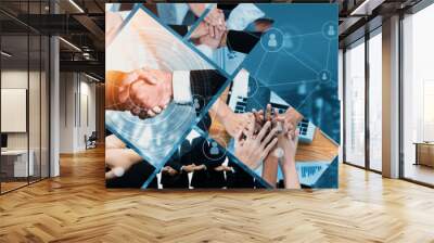 Teamwork and human resources HR management technology concept in corporate business with people group networking to support partnership, trust, teamwork and unity of coworkers in office kudos Wall mural