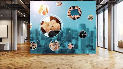 Teamwork and human resources HR management technology concept in corporate business with people group networking to support partnership, trust, teamwork and unity of coworkers in office kudos Wall mural