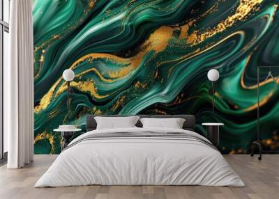 The abstract picture of the two colours of gold and green colours that has been created form of the waving shiny smooth satin fabric that curved and bend around this beauty abstract picture. AIGX01. Wall mural