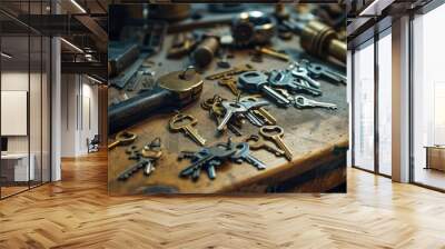 The close up picture of the wood table in the workshop that has been filled with lock, key, and tool, the locksmith require skill like locks knowledge,experience, technique and time management. AIG43. Wall mural