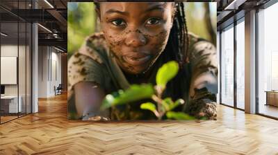 The close up picture of the young african american is planting the plant also dirty by dirt and soil, the horticulture require skill like plant knowledge, soil management, watering technique. AIG43. Wall mural