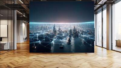 The concept of a high-speed internet connection visualized as cables linking up in a spectacular futuristic and cyberpunk cityscape with skyscrapers. Digital art 3D illustration. Wall mural