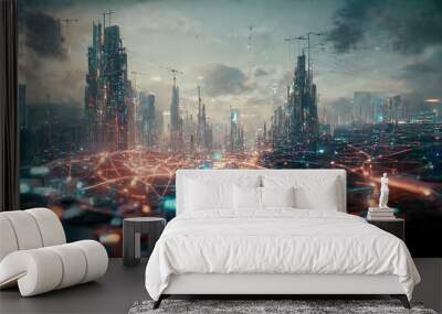 The concept of high-speed internet connection visualized as glowing cable webs sending digital data over spectacular futuristic cyberpunk cityscape with skyscrapers. Digital art 3D illustration. Wall mural