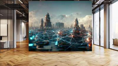 The concept of high-speed internet connection visualized as glowing cable webs sending digital data over spectacular futuristic cyberpunk cityscape with skyscrapers. Digital art 3D illustration. Wall mural