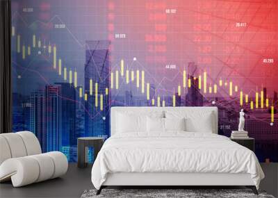 the digital indicators and declining graphs of a stock market crash overlap the backdrop of a modern Wall mural