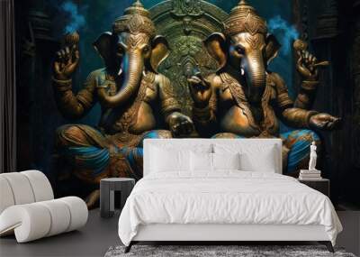 the ganeshas are pictured in their sitting pose, with gold plated hands & arms. beautiful Generative AI AIG32 Wall mural