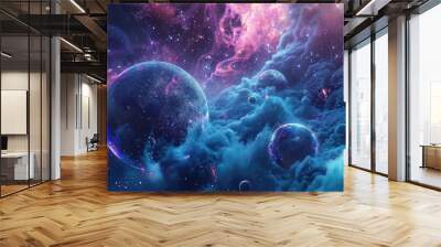 The image is showing two planets in the outer space. The planets are blue and pink and have a glowing effect. The background is filled with colorful stardust. Wall mural