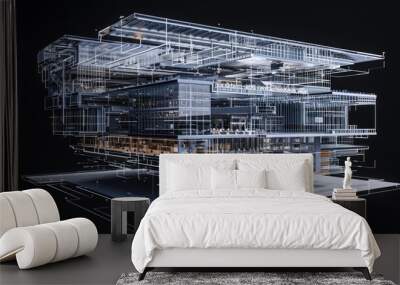 The image shows a 3D model of a building. The model is made of white lines and is shown on a black background. The model is of a modern building with a lot of glass and steel. Wall mural