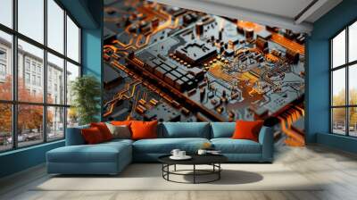 The image shows a close-up of a computer circuit board. The board is made of a green material and has many small electronic components on it. The components are connected by thin copper wires. The Wall mural