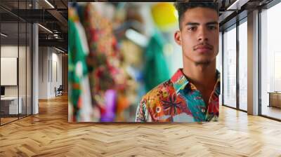 The picture of the hispanic male fashion designer working inside cloth workshop or studio that has been filled with various colorful cloth, the fashion designer require creative and detailed. AIG43. Wall mural