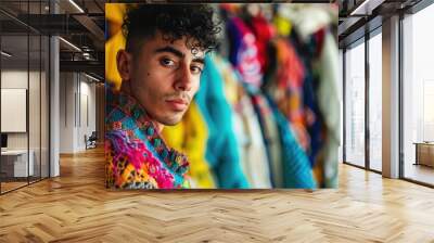 The picture of the hispanic male fashion designer working inside cloth workshop or studio that has been filled with various colorful cloth, the fashion designer require creative and detailed. AIG43. Wall mural