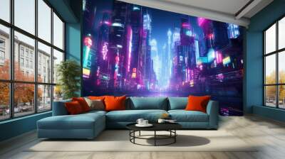 The picture of the neon night time futuristic cyberpunk scifi metropolis yet bright with neon light that fill everywhere of metropolis and fill with tall building and long roadway at night. AIGX01. Wall mural