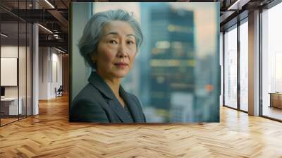 The picture of the senior asian female financial executive standing near the window of the office inside building, the financial job require skills like finance knowledge and planning budget. AIG43. Wall mural