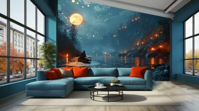 The picture of young or adult male or female that sailing the boat in the middle of the water that surrounded with nature in the nighttime of the day yet look bright and clear with the light. AIGX03. Wall mural