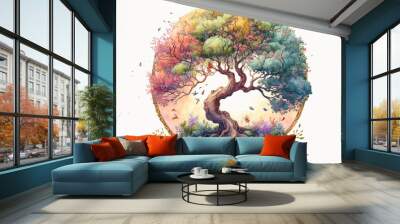 The tree of life in colorful spring watercolor painting style . Sublime Generative AI image . Wall mural