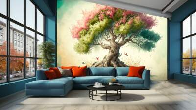 The tree of life in colorful spring watercolor painting style . Sublime Generative AI image . Wall mural