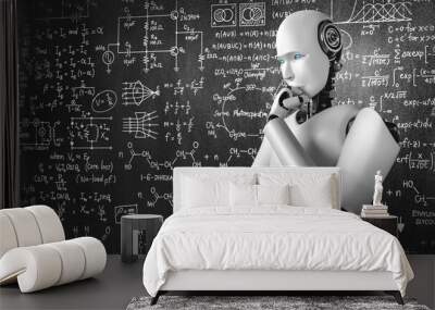 Thinking AI humanoid robot analyzing screen of mathematics formula and science equation by using artificial intelligence and machine learning process for the 4th industrial revolution. 3D illustration Wall mural