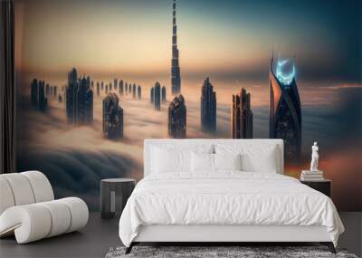 Top of skyscrapers building high above the clouds in the morning sunrise . Futuristic architecture of metropolis city skyline. Peculiar AI generative image. Wall mural