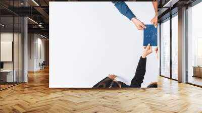 Top view panorama banner of business team joining jigsaw puzzle together over meeting table symbolize business partnership and collective unity teamwork in problem solving solution. Prudent Wall mural