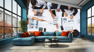 Top view project manager communicate and collaborate with team using project management software, tracking progress of project task and making schedule plan at meeting table. Prudent Wall mural