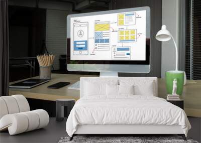 UX UI design process for modish mobile application and website . Creative prototype of wireframe for professional app developer . Wall mural