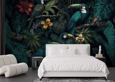 Various tropical leaves and birds exotic wallpaper design . Sublime Generative AI image . Wall mural