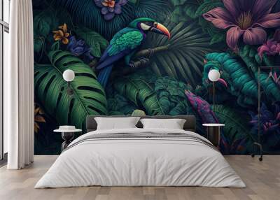 Various tropical leaves and birds exotic wallpaper design . Sublime Generative AI image . Wall mural