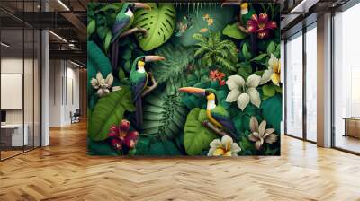 Various tropical leaves and birds exotic wallpaper design . Sublime Generative AI image . Wall mural