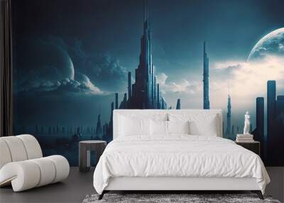 Vast city landscape in the future blue tone dramatic lighting. Generative AI AIG15. Wall mural