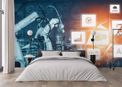 XAI Smart industry robot arms for digital factory production technology showing automation manufacturing process of the Industry 4.0 or 4th industrial revolution and IOT software to control operation. Wall mural