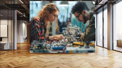 Young engineering students collaborate on an electronics project in a technology lab, soldering circuit boards and sharing ideas. AIG41 Wall mural