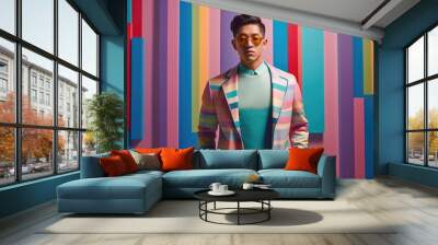 Young male model posing with trendy man fashion outfit and colorful pastel mood optical art abstract background. Picturesque generative AI Wall mural