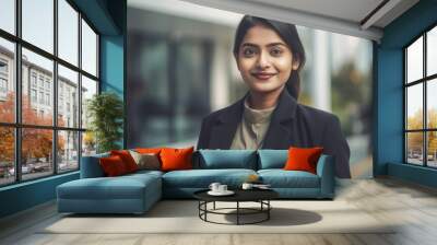 Young smart indian businesswoman, smiling face, standing in blur background of modern office building. Generative AI AIG20. Wall mural