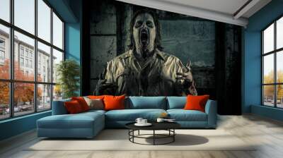 Angry zombie in a dark room hungry for brains Wall mural