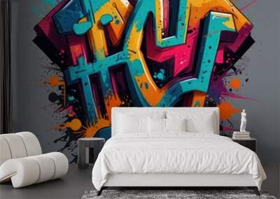 A T-shirt design featuring a vibrant urban graffiti style illustration with bold colors and abstract shapes. Wall mural