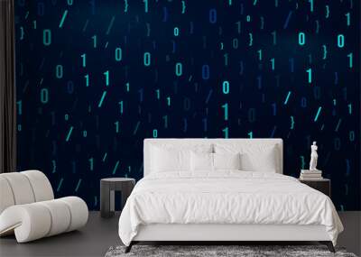 Binary number blockchain random pattern on dark blue gradient background with wave lines Wall mural