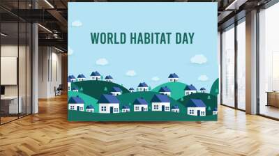 World habitat day flat background design with buildings, trees, clouds and mountains Wall mural