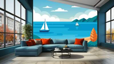  A calm and peaceful seascape on a summer day, with sailboats vector illustration  Wall mural