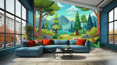 Cartoon-style forest background vector illustration  Wall mural