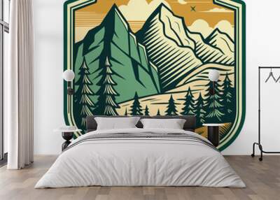 Hiking view sticker design, vintage retro-style front view mountain and forest illustration for t-shirt design Wall mural