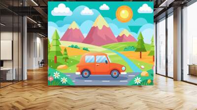 Landscape with a cute car on the road vector illustration  Wall mural