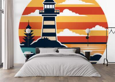 Lighthouse silhouette on the coastal shoreline on a retro vintage background. Vector t-shirt design. Wall mural