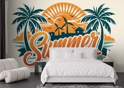 Summer t-shirt design. Retro and vintage summer vibes t-shirt design with palm tree, sea beach, and sunset vector illustration. Wall mural