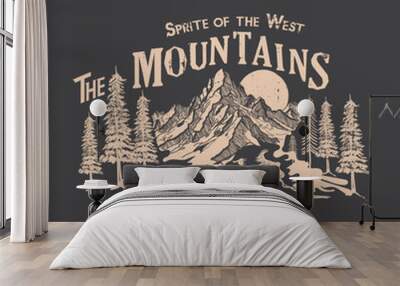 Adventure at the mountain graphic artwork for t shirt and others. Mountains art the of the Earth slogan vintage retro new tee shirt print artwork, Mountain with tree retro vintage print design Wall mural