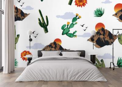 Desert Pattern with cactus, mountains, sun, birds, Desert Dreaming Arizona, Desert vibes vector graphic print design for apparel, stickers, posters, background and others. Outdoor western vintage art Wall mural