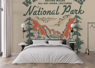 National Park great smoky mountains adventure print, outdoor autumn winter hand drawn mountain graphic Wall mural