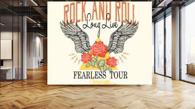 Rock and roll longline, fearless tour original with red rose flowers,  Eagle with Roses and Freedom Spirit Slogan, intage print graphic design rock style fashion street wear illustration Wall mural