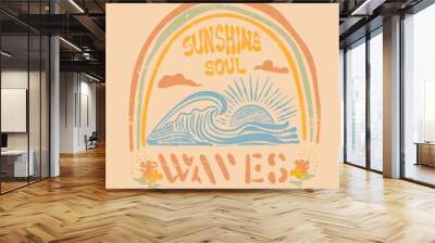 Summer sunshine women's girls t-shirt sweatshirt print design in vector format, big wave under the sun, tropical vibes for beach art illustration Wall mural