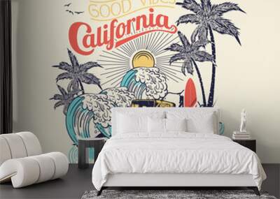 summer time surf and palms in California, tee print vector design with texture and palms drawn, tropical sunset. surf and beach. vintage beach print. tee graphic design. Wall mural